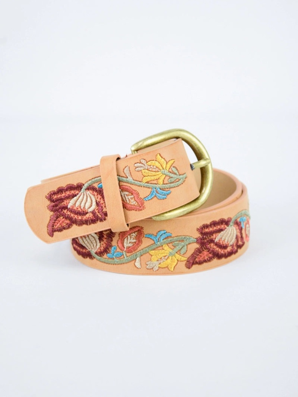 Embroidered Floral Tan Vegan Leather Belt